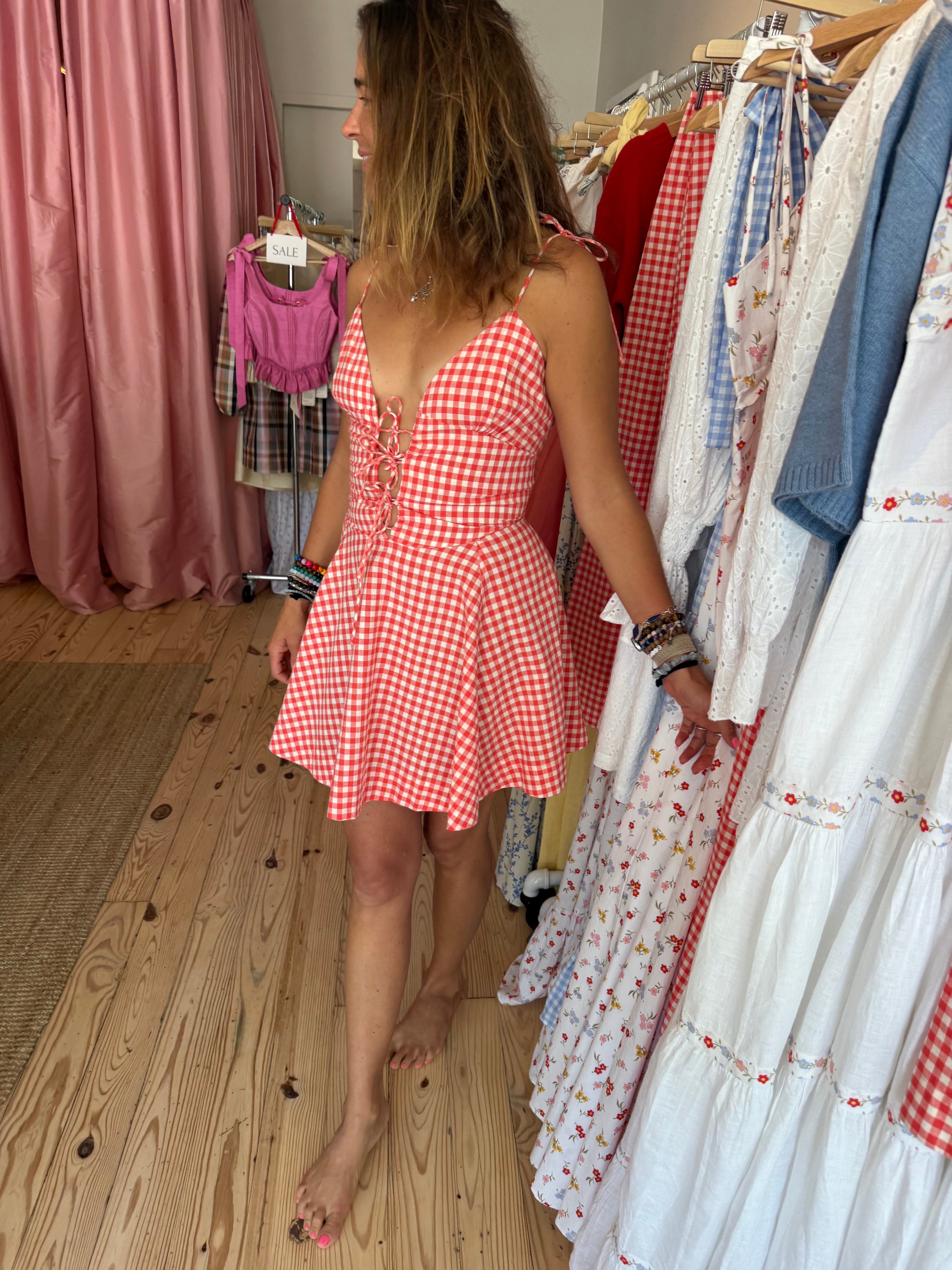 Gwyneth Mini Dress in Cherry Gingham