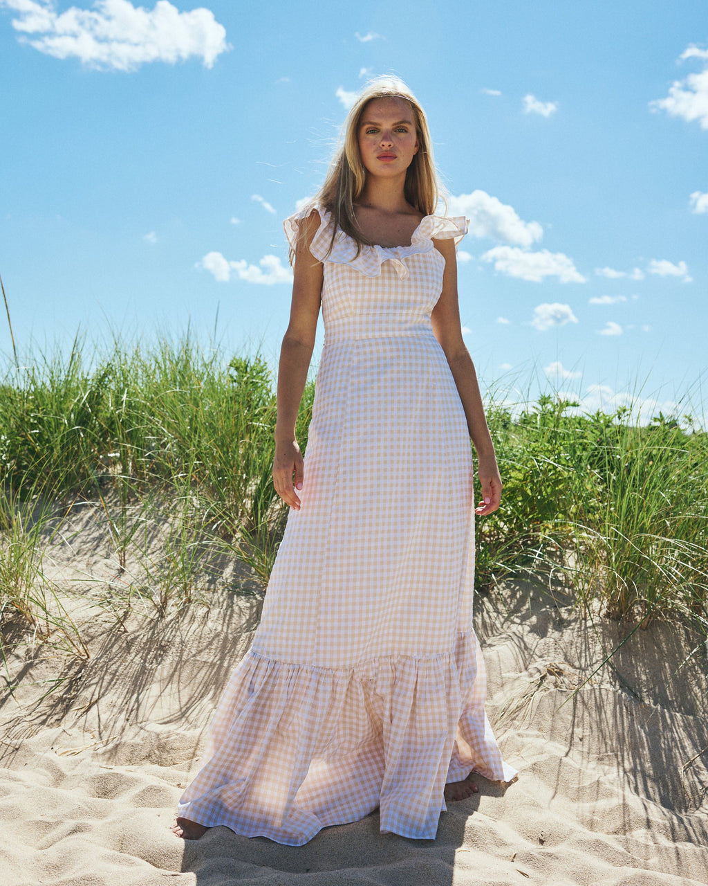 Camille Dress in Tan Gingham