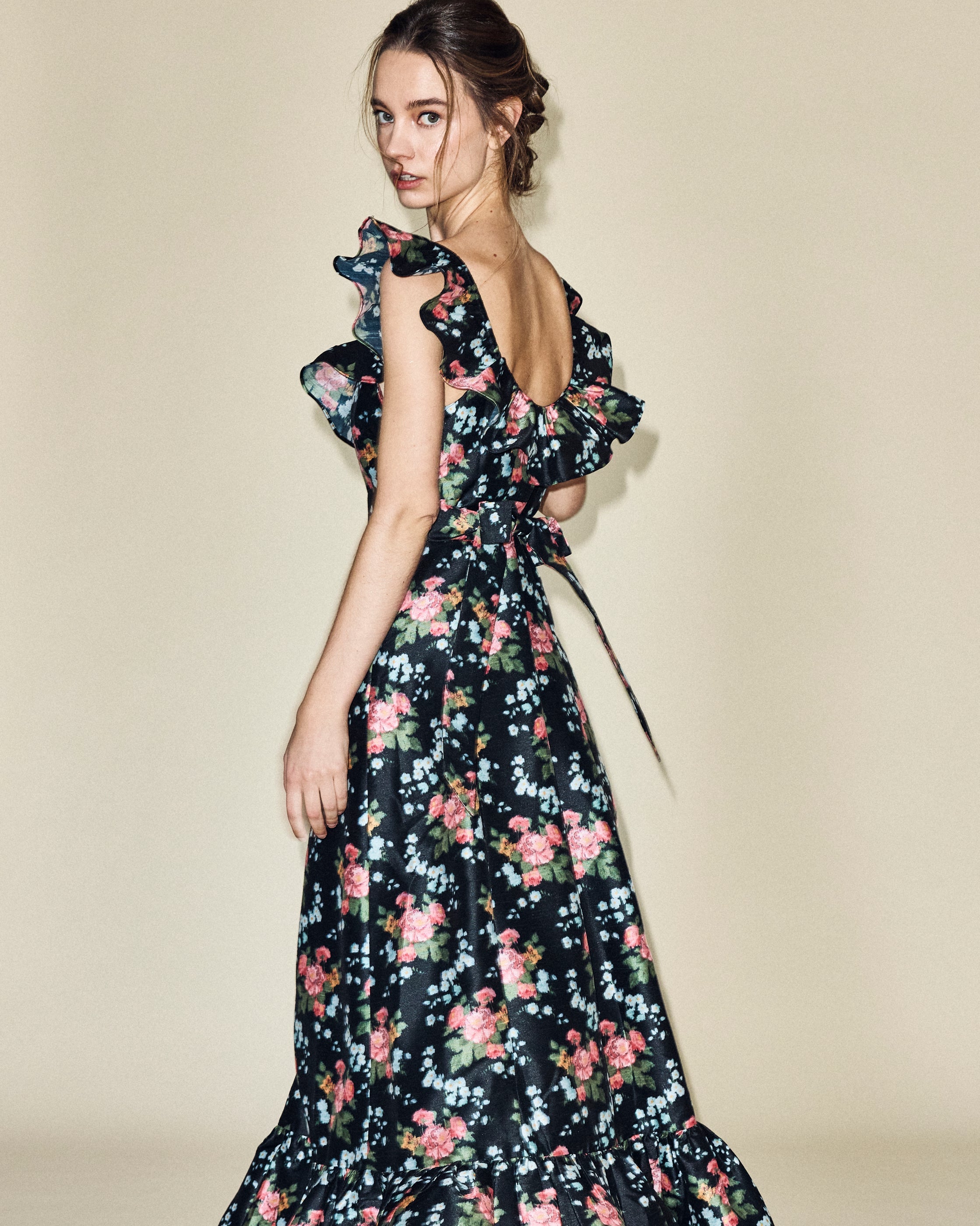Camille Dress in Black Floral Brocade