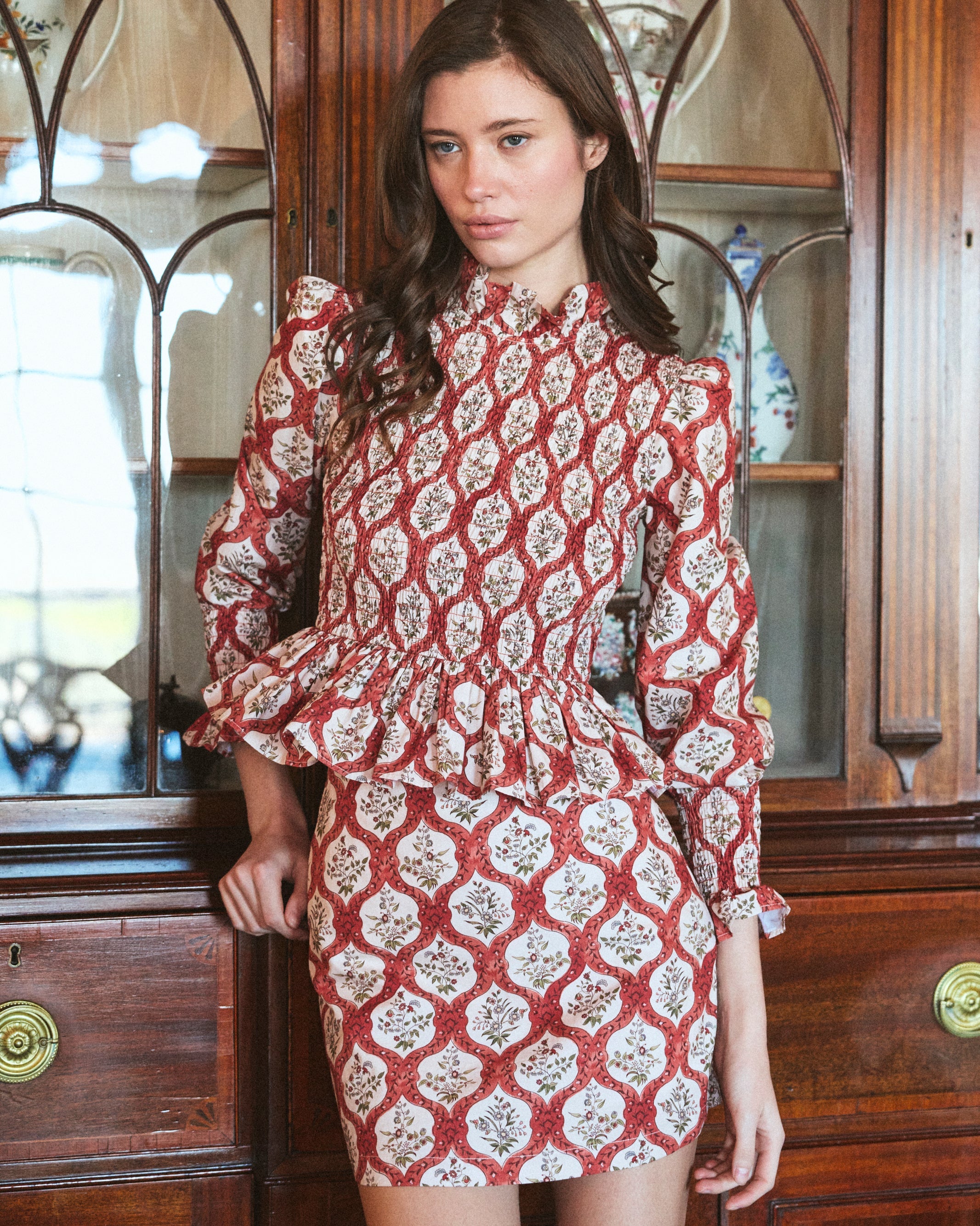 Alice Mini Skirt in Terracotta Trellis