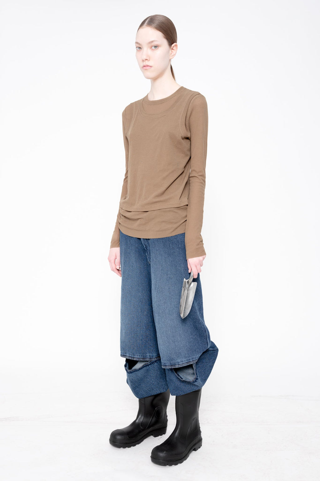 OLIVE BEIGE LONG SLEEVE DOUBLE TOP