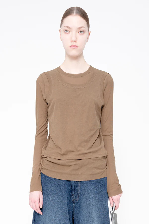 OLIVE BEIGE LONG SLEEVE DOUBLE TOP