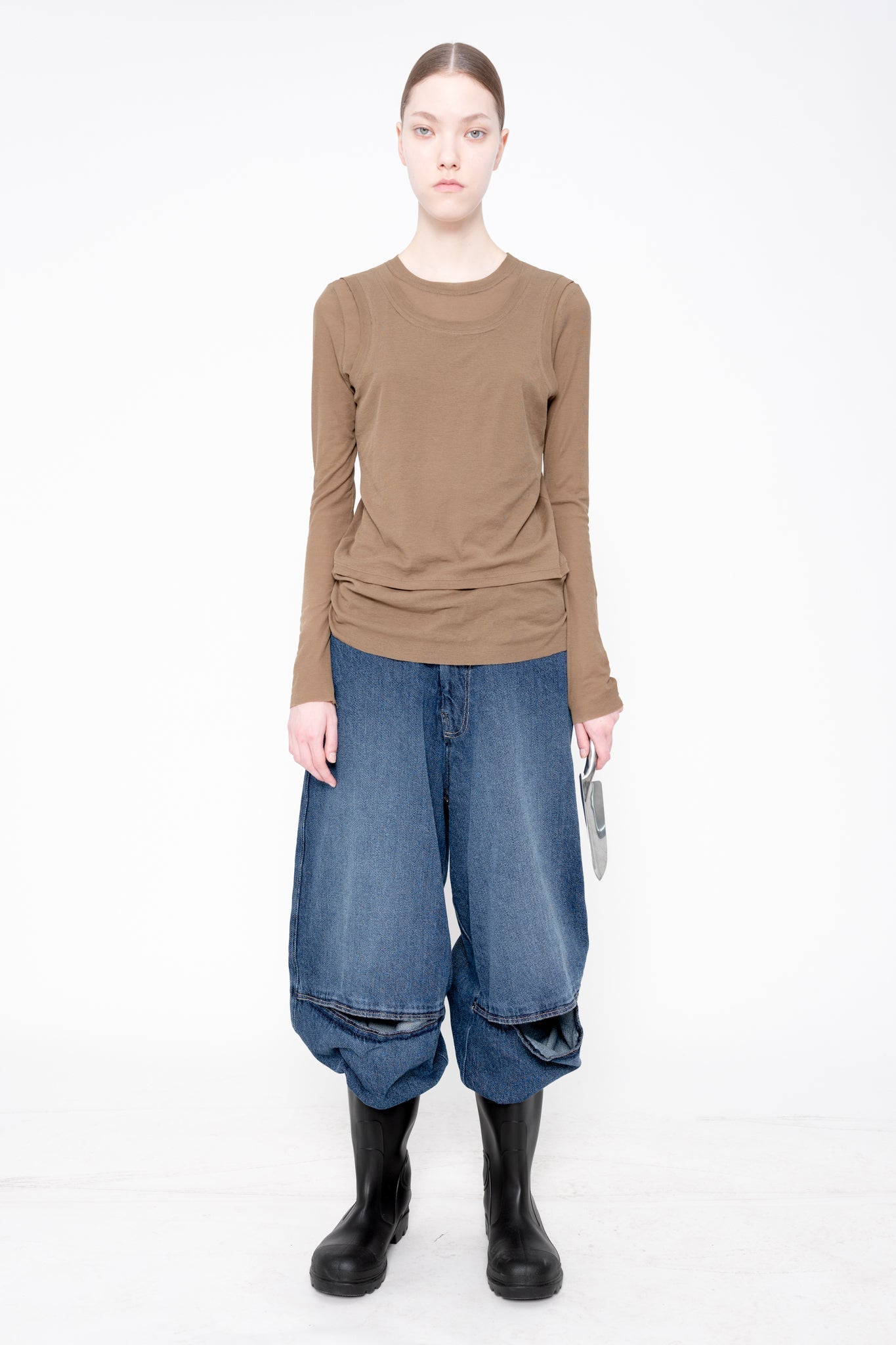 OLIVE BEIGE LONG SLEEVE DOUBLE TOP