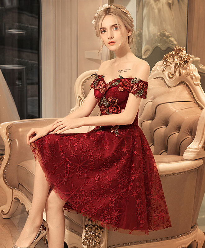 Burgundy Lace Off Shoulder Short Prom Dress, Lace Burgundy Homecoming Dresses