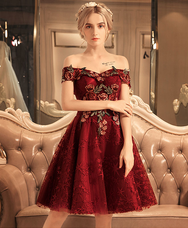 Burgundy Lace Off Shoulder Short Prom Dress, Lace Burgundy Homecoming Dresses