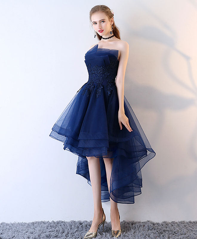 Dark Blue Tulle Short Prom Dress, High Low Homecoming Dresses